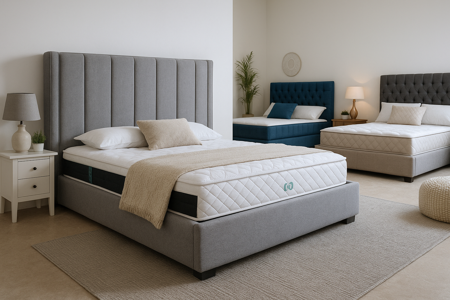 Three upholstered Sonador hospitality beds displayed in a calm showroom bedroom setting